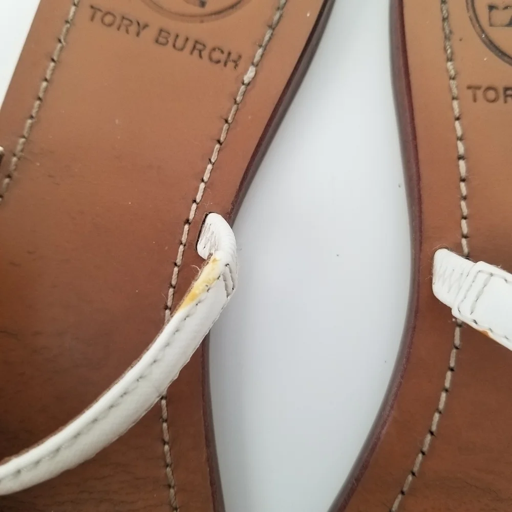 Tory Burch White Half Moon T Logo Leather Thong Flat Sandals Size 6